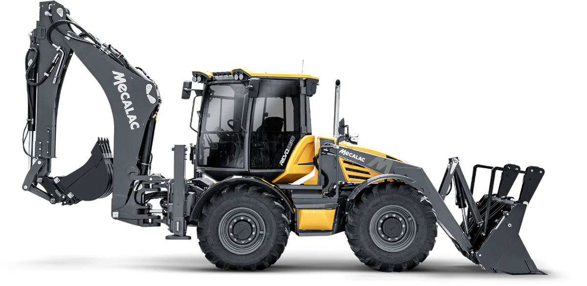 Mecalac Revo990 backhoe loader with rotating cab, side view