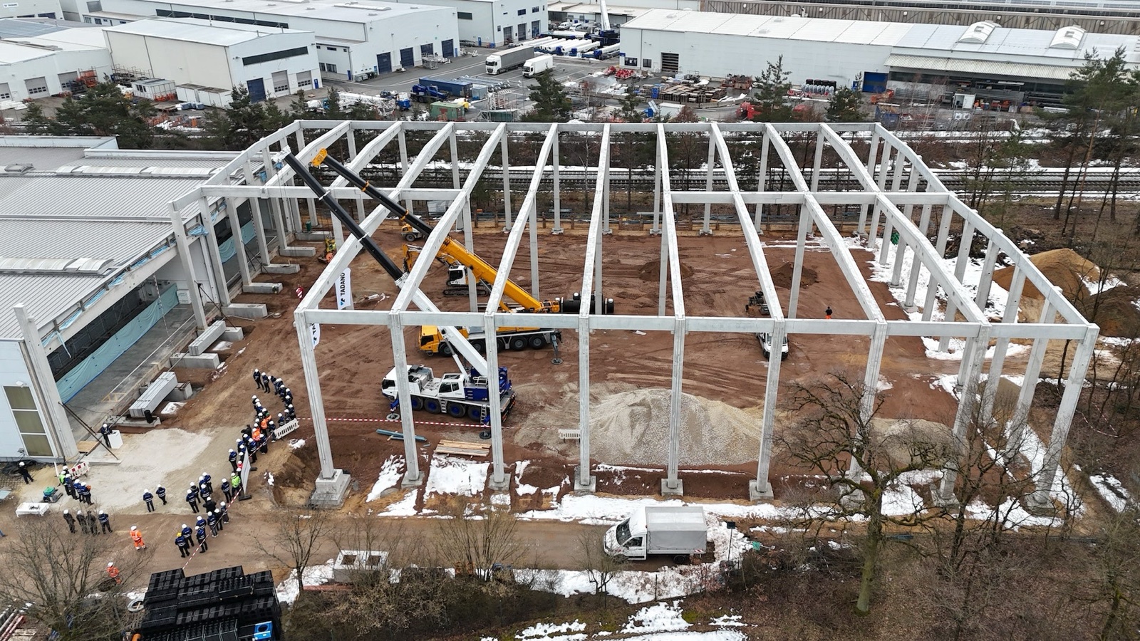 Aerial view of the steel frame of the new Tadano spare parts centre under construction in Lauf an der Pegnitz, Germany